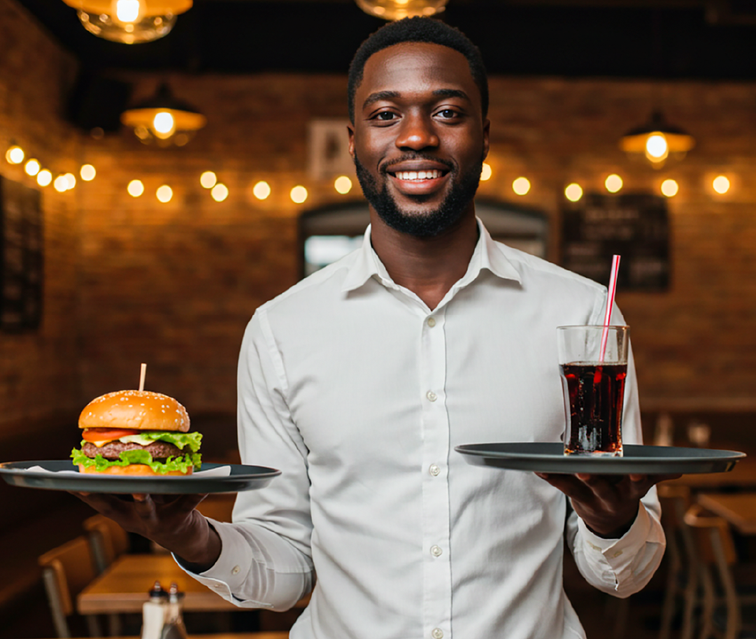 Serveur de restaurant présentant un burger et une boisson