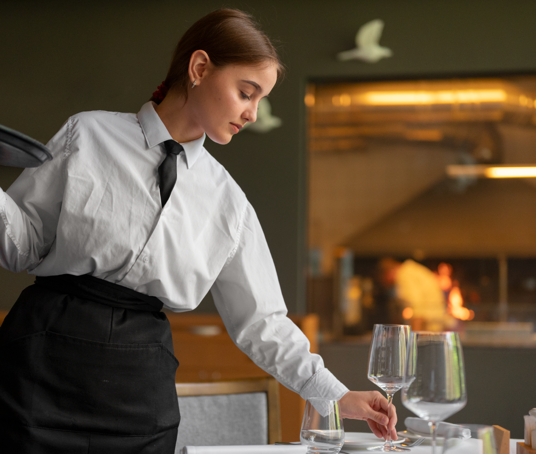 Serveuse dressant une table dans un restaurant